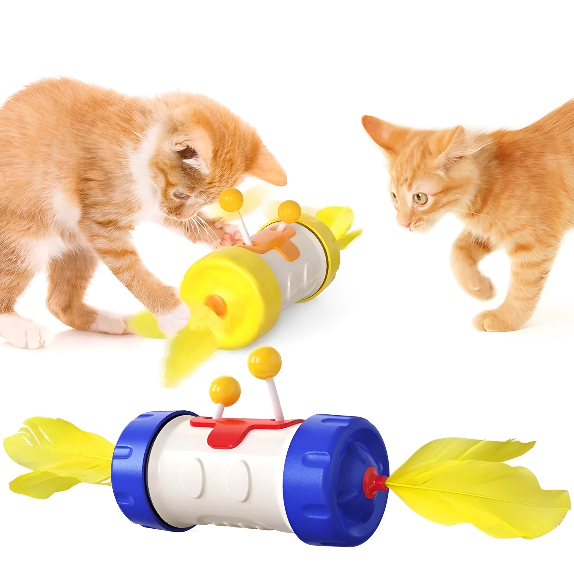Set of three cat toys: a feather wand, a colourful ball, and a wobbling balance tumbler on a blue background.