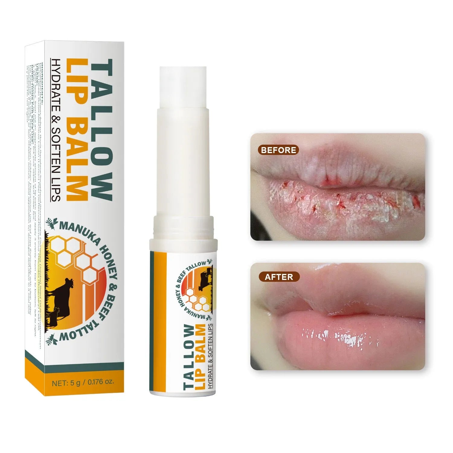 A 5g tallow lip balm stick in a silver tin case measuring 83mm long.
