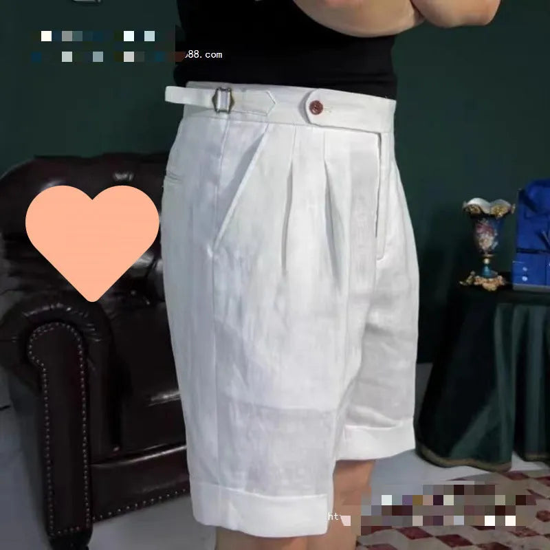 Men's linen five-point shorts in white or navy blue, cotton-linen blend, double waist, cuffed hem, sizes S to 4XL.