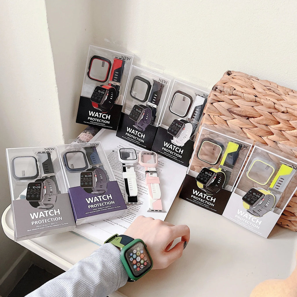 Two-tone silicone Apple Watch strap and protective case in 38mm to 45mm sizes, shown in black and white colour.