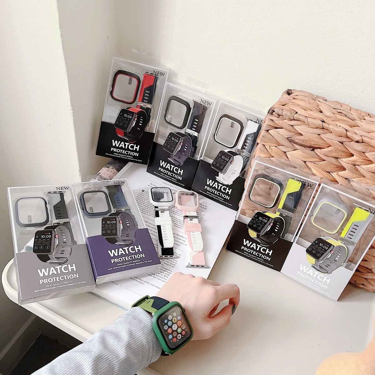 Two-tone silicone Apple Watch strap and protective case in 38mm to 45mm sizes, shown in black and white colour.