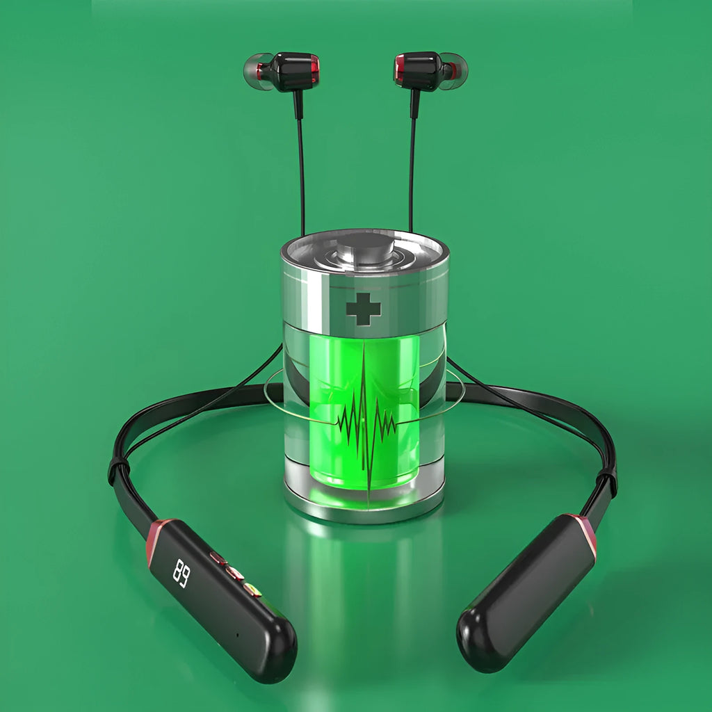 Wireless Bluetooth 5.0 neck hanging sports headset in black with digital display and 500mAh battery