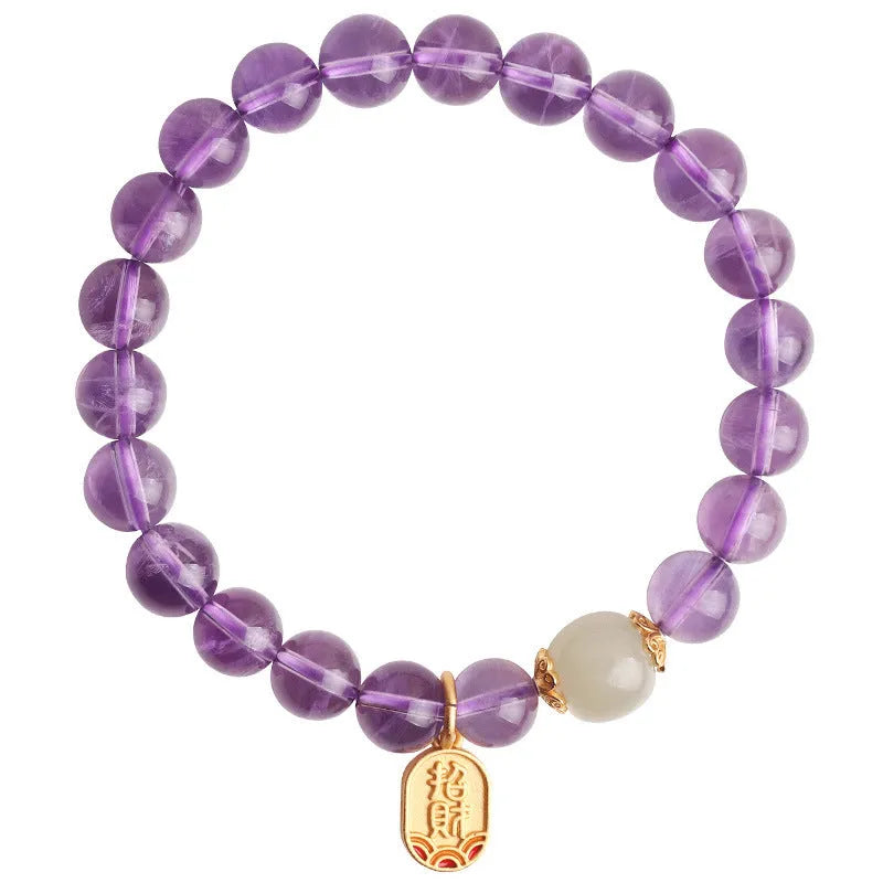 Purple amethyst crystal bracelet with 8mm beads in geometric Chinese design for women