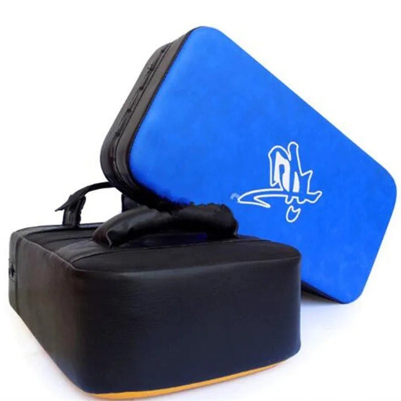 Blue vertical Sanda training target pad for kicking and striking practice.