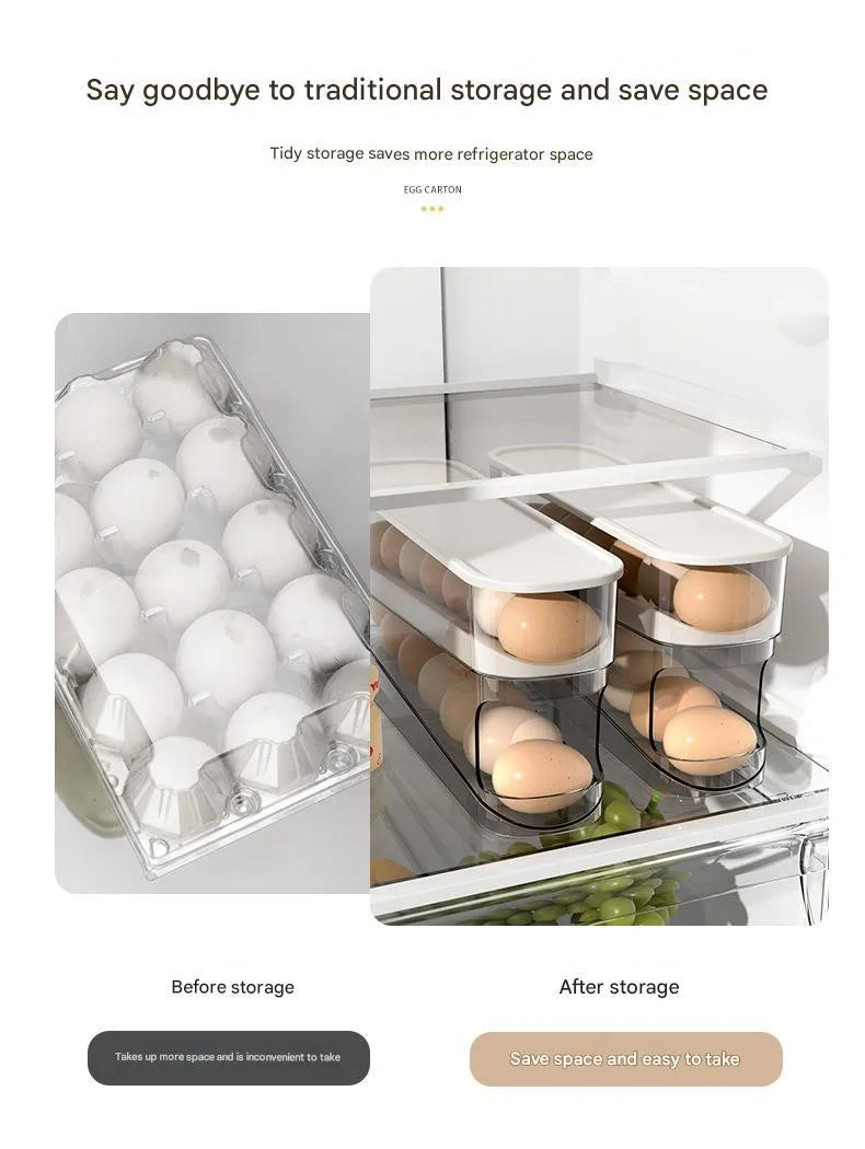 Clear plastic slide-out egg tray dispenser holding 12 eggs on refrigerator side door shelf