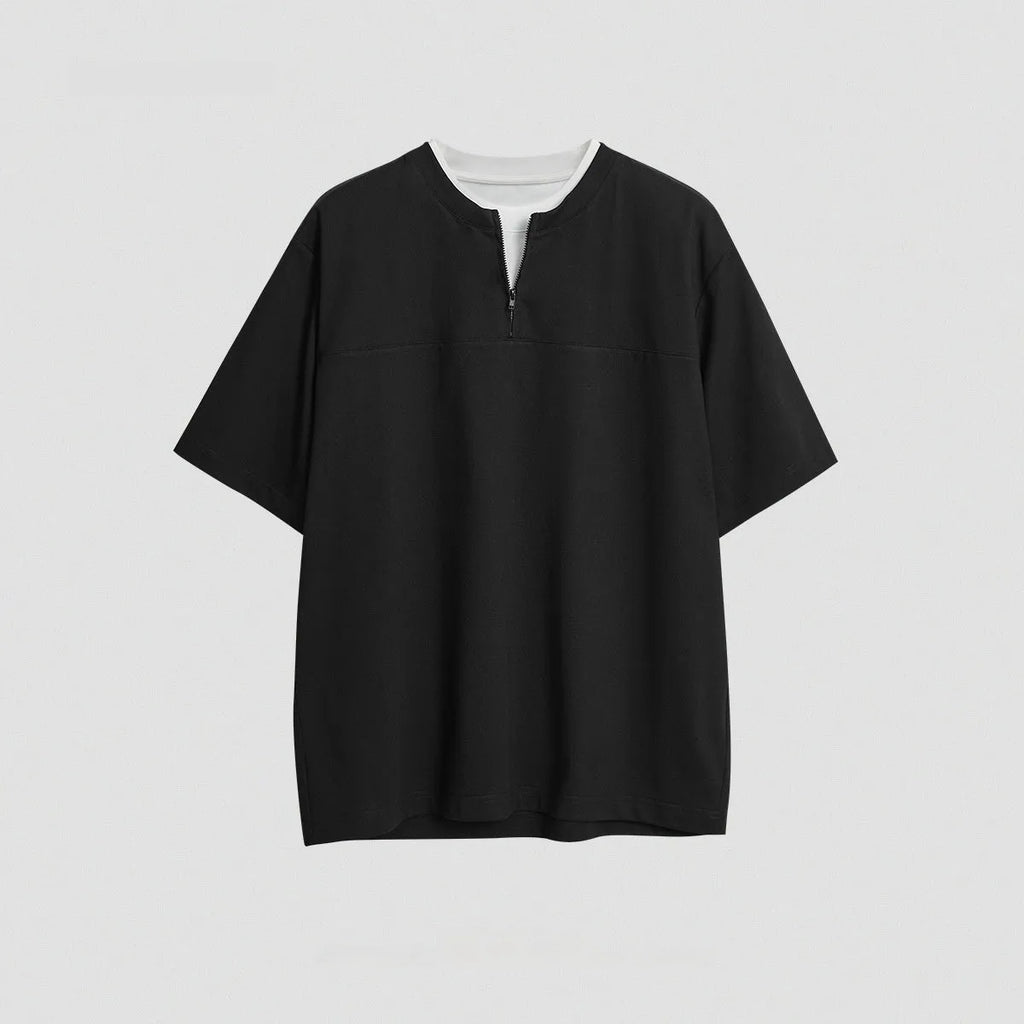 Women's loose patchwork top in solid colour with zip false two-piece design