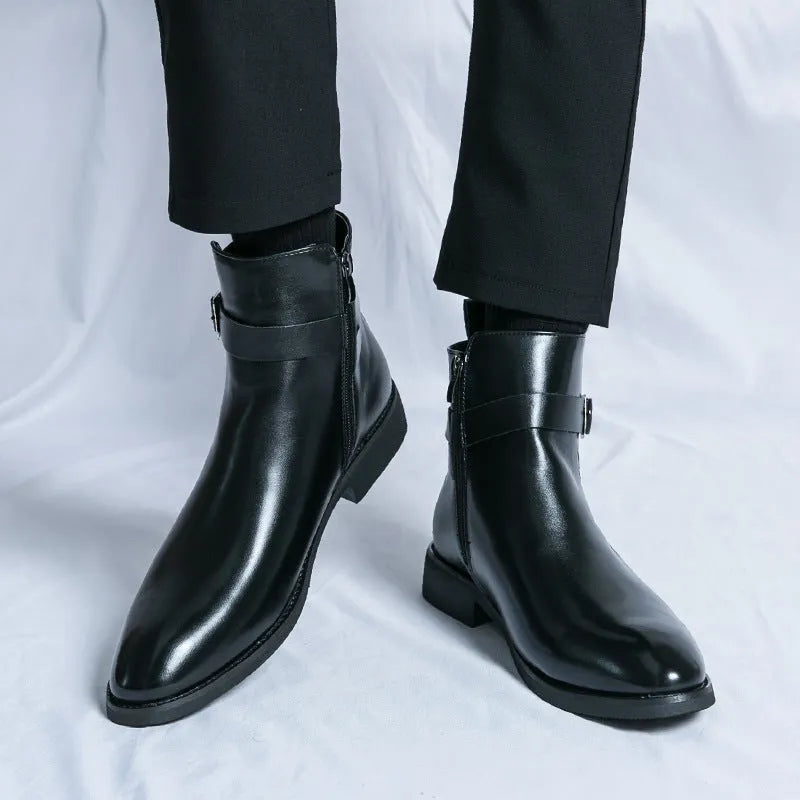 Men's high-top Western boots in black PU leather with tall crown and rubber sole
