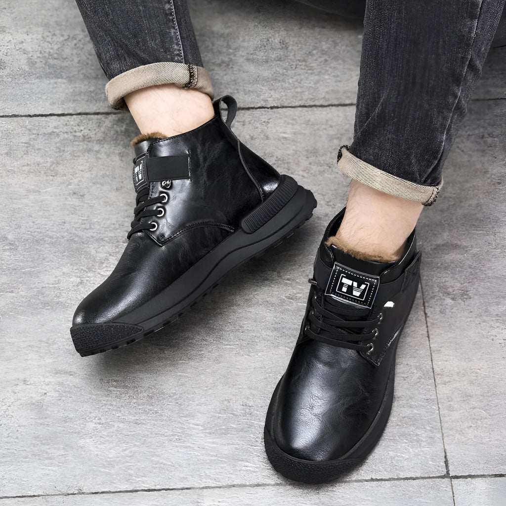 Men's black high-top Martin platform boots with artificial PU upper and rubber sole on a white background.
