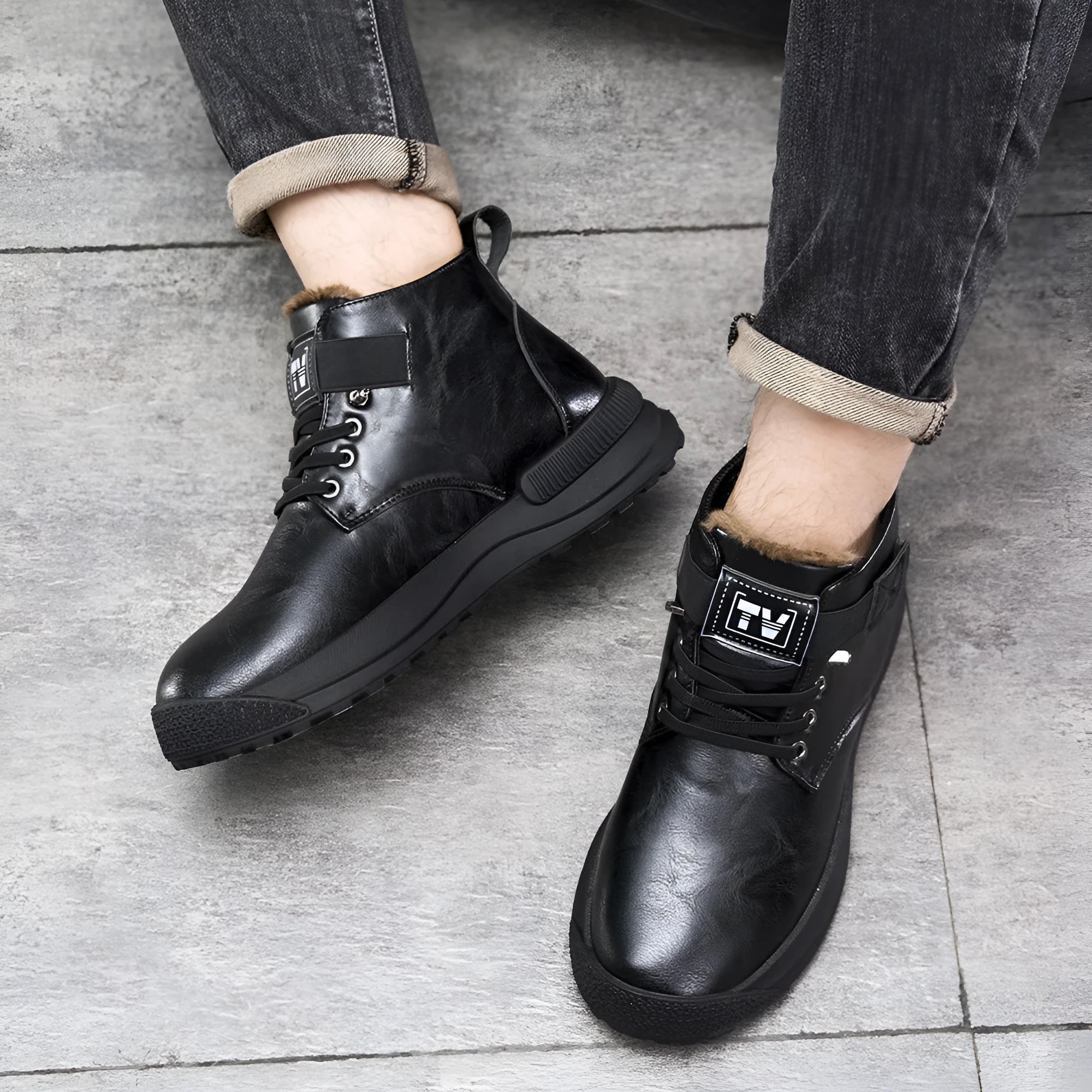 Men's black high-top Martin platform boots with artificial PU upper and rubber sole on a white background.