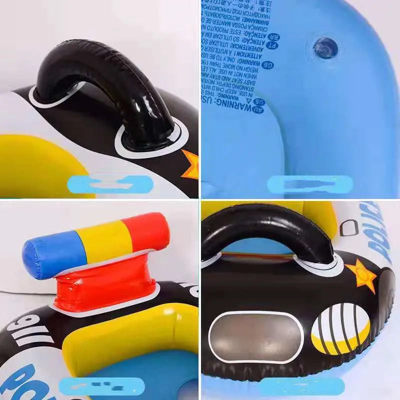 Black police car shaped children's inflatable swimming ring, PVC, 73 x 57.5 cm outer diameter, 30 x 33 cm inner diameter