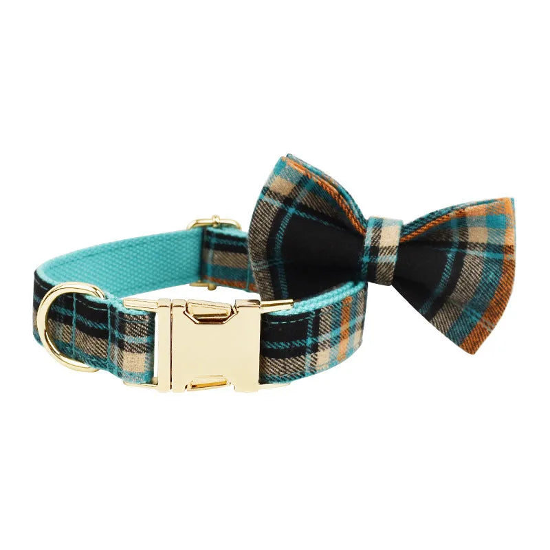 Retro green cloth dog collar, leash, vest, and bow four-piece accessory set