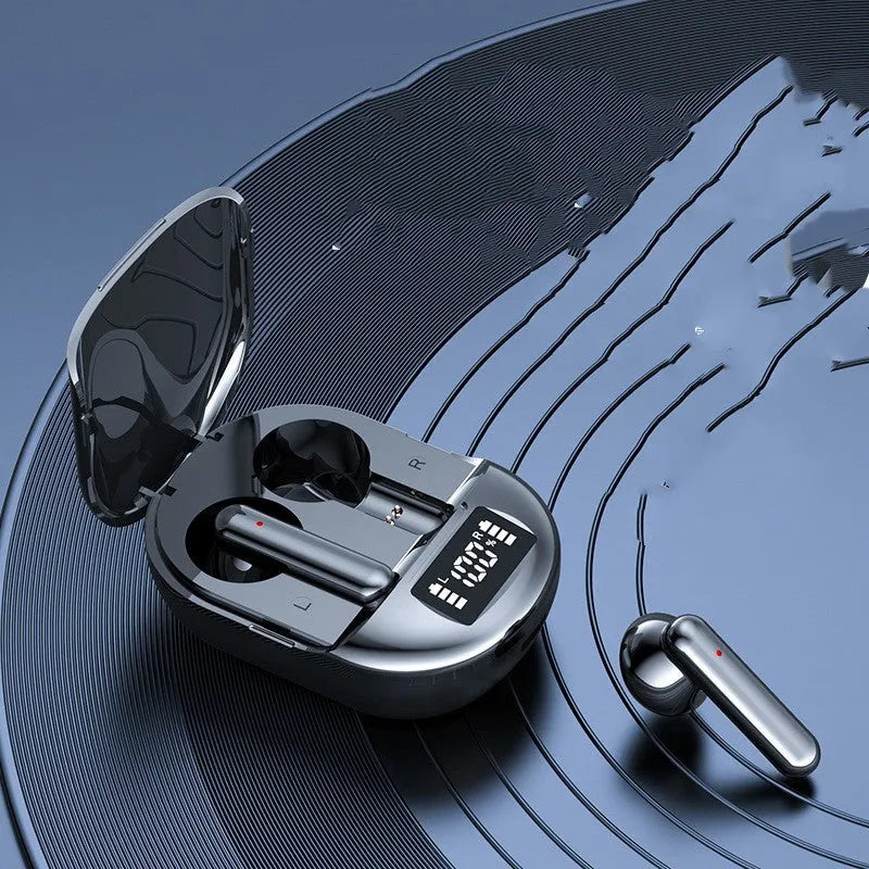 Black or white wireless Bluetooth headset with charging bin, showing digital display screen