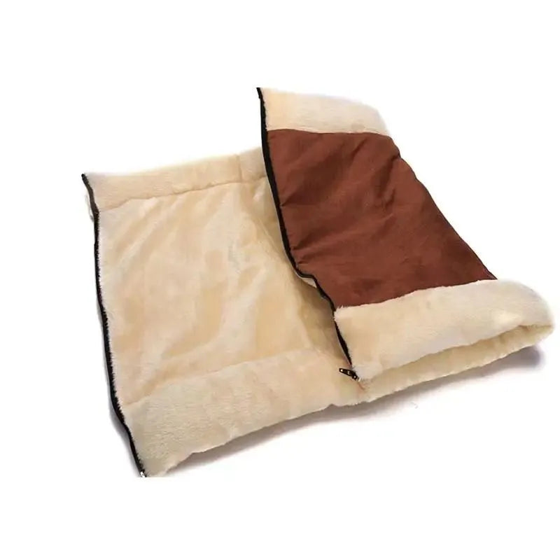 Brown foldable snooze tunnel mat for cats and dogs made from plush fleece with suede trim, unfolded size 28x25x50 cm