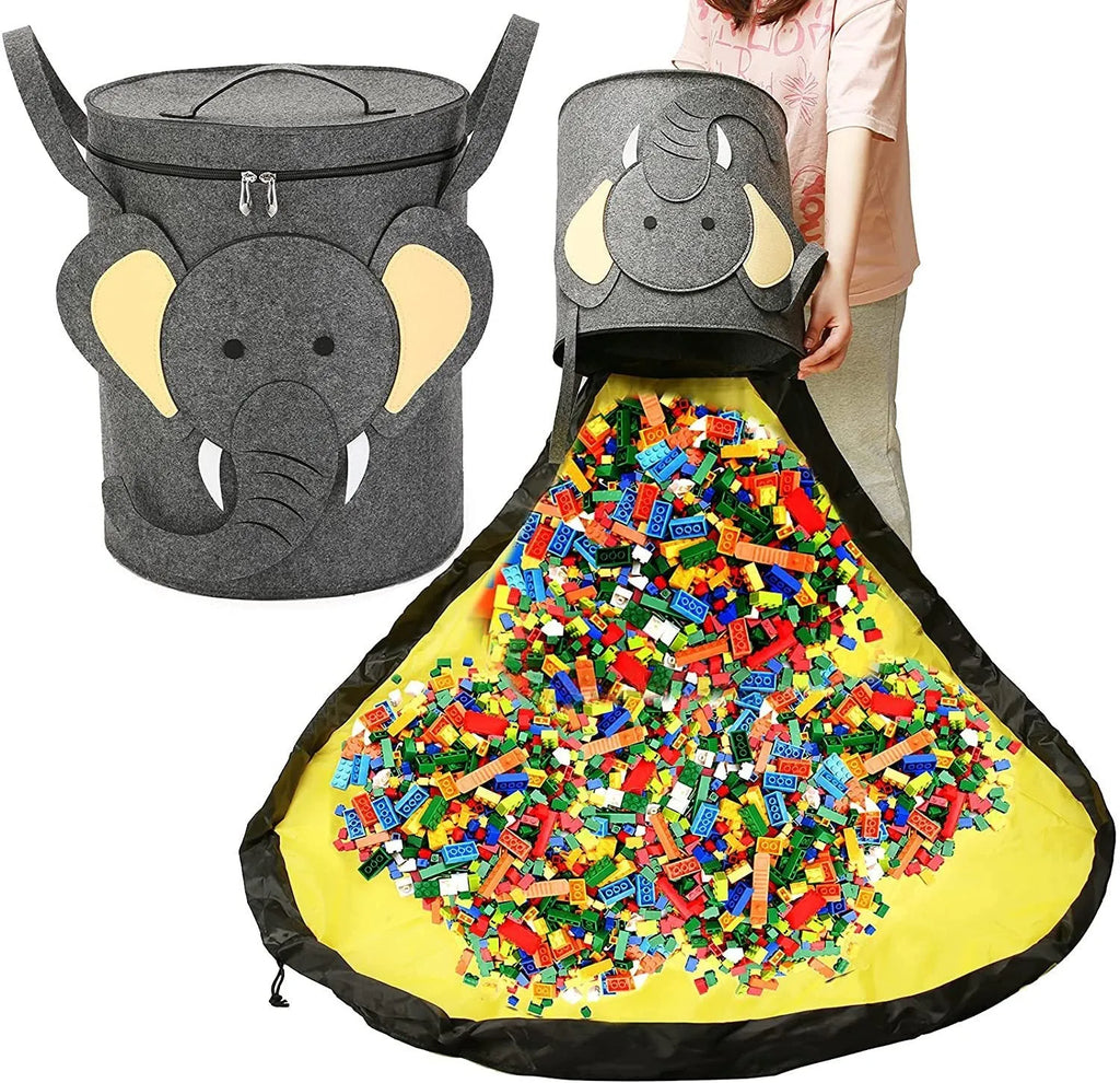Green foldable felt cube storage bag with pull rope, shown both as a container and laid flat as a play mat.