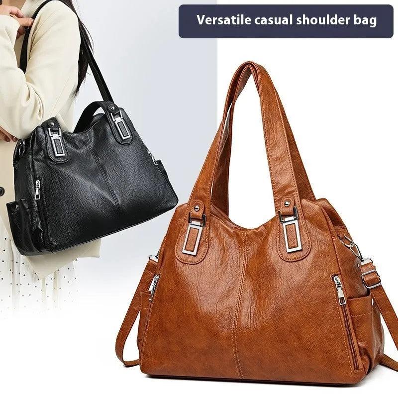 Square vertical women's tote bag in soft PU material with a single shoulder strap, shown in a light brown colour.