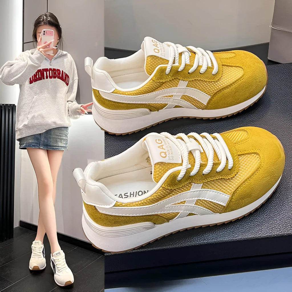 Women's white lace-up casual sneakers with non-slip soles and low-top design