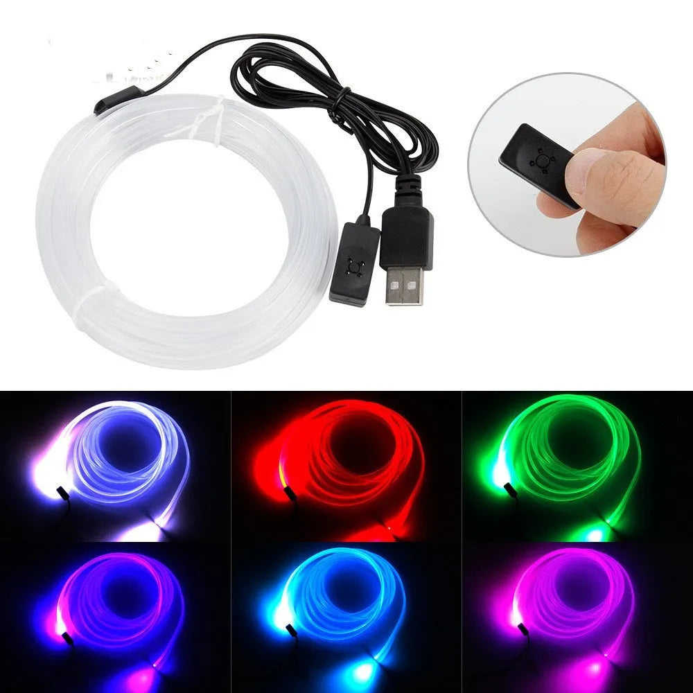 Colourful RGB LED car ambience light strip with USB plug, showing flexible PVC construction.
