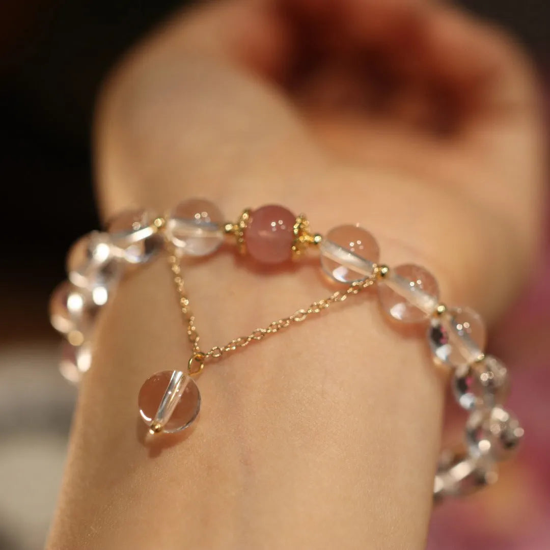 White crystal bracelet with cat eye obsidian stone in geometric Chinese design