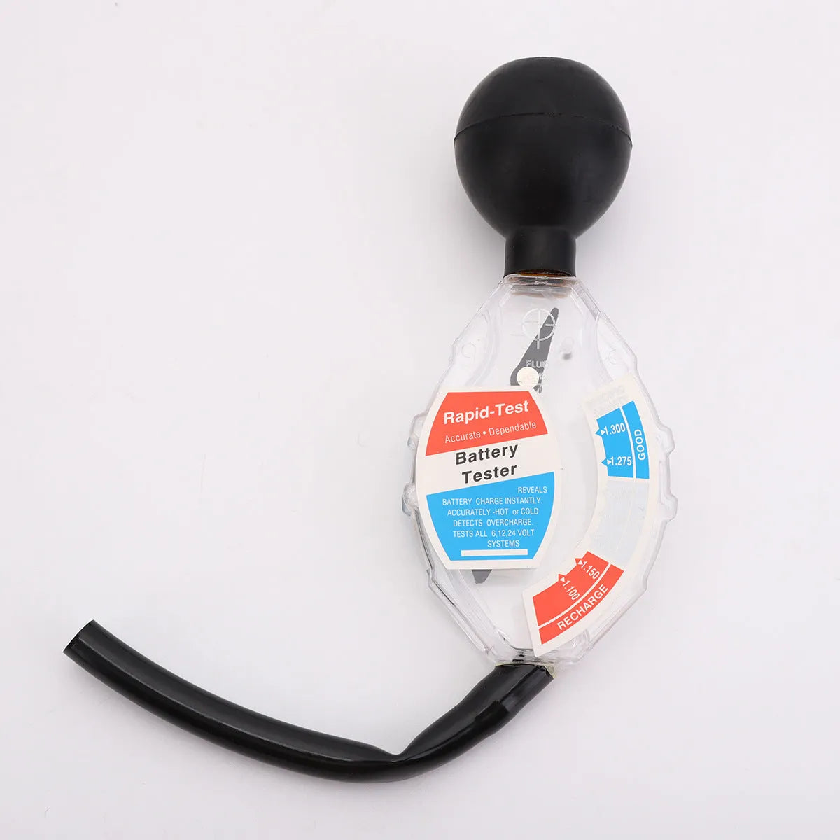 ABS plastic suction electrolyte hydrometer tool for lead-acid battery testing on a workbench.