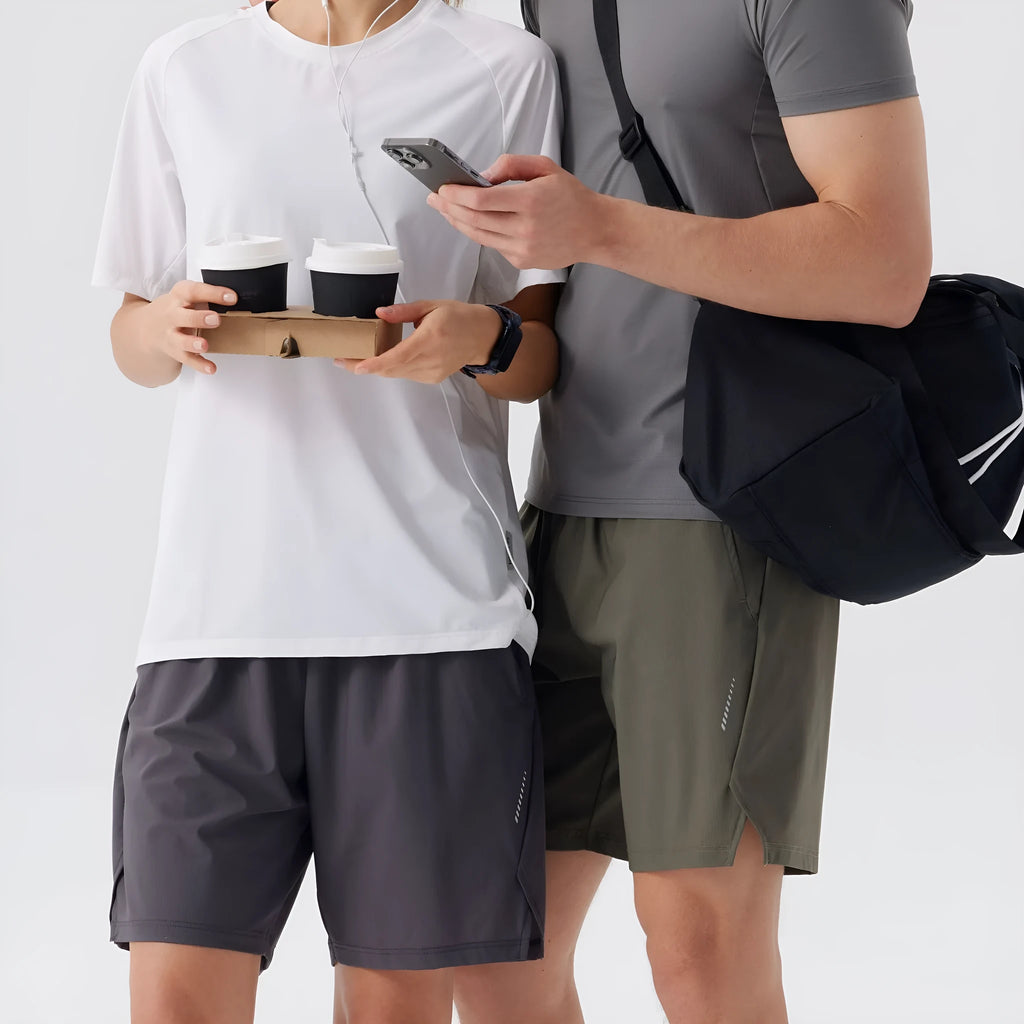 Men's ice silk sports shorts in nylon fabric with mid waist design, shown in available colours