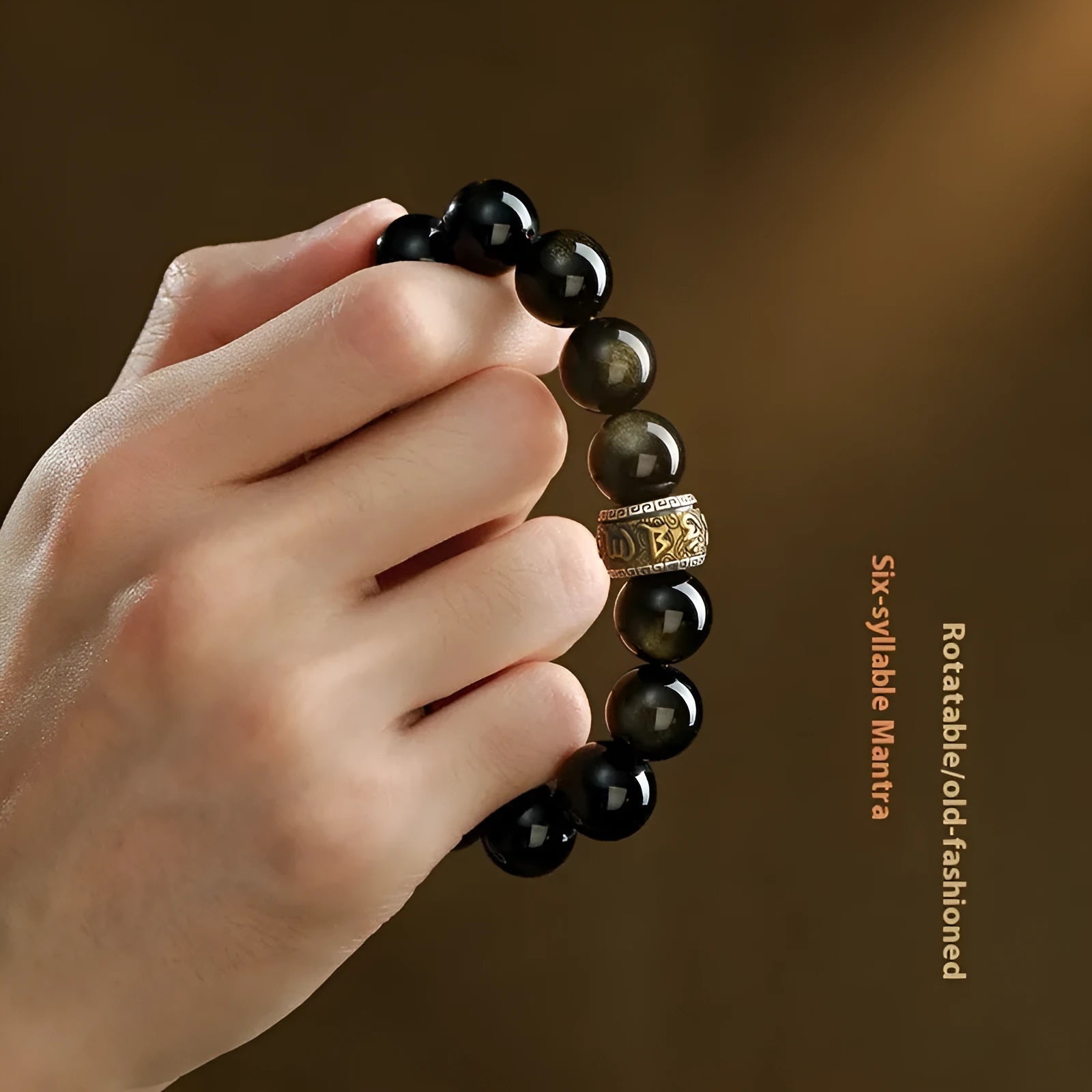 Carved cinnabar bead bracelet with animal zodiac designs in gold or silver colour