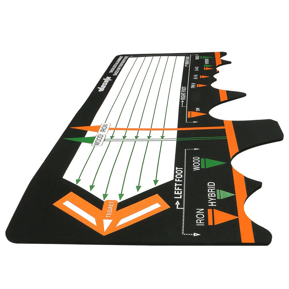 Black neoprene golf swing posture correction training pad on a green surface.