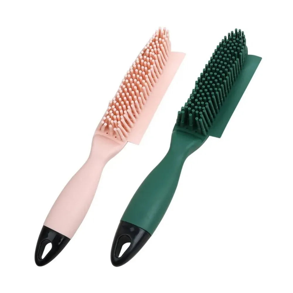 Green pet grooming brush with rubber handle and flexible bristles for removing hair from dogs, cats and clothing