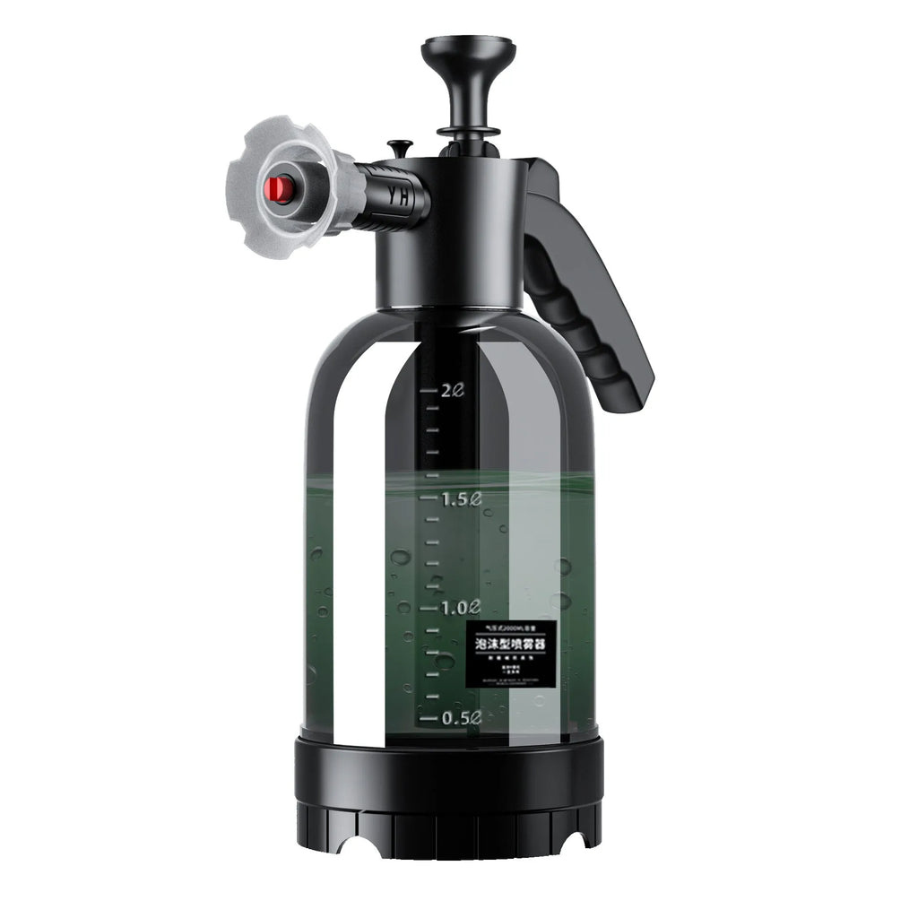 Blue hand-held car wash foam sprayer with 2L tank and high-pressure water cannon nozzle.
