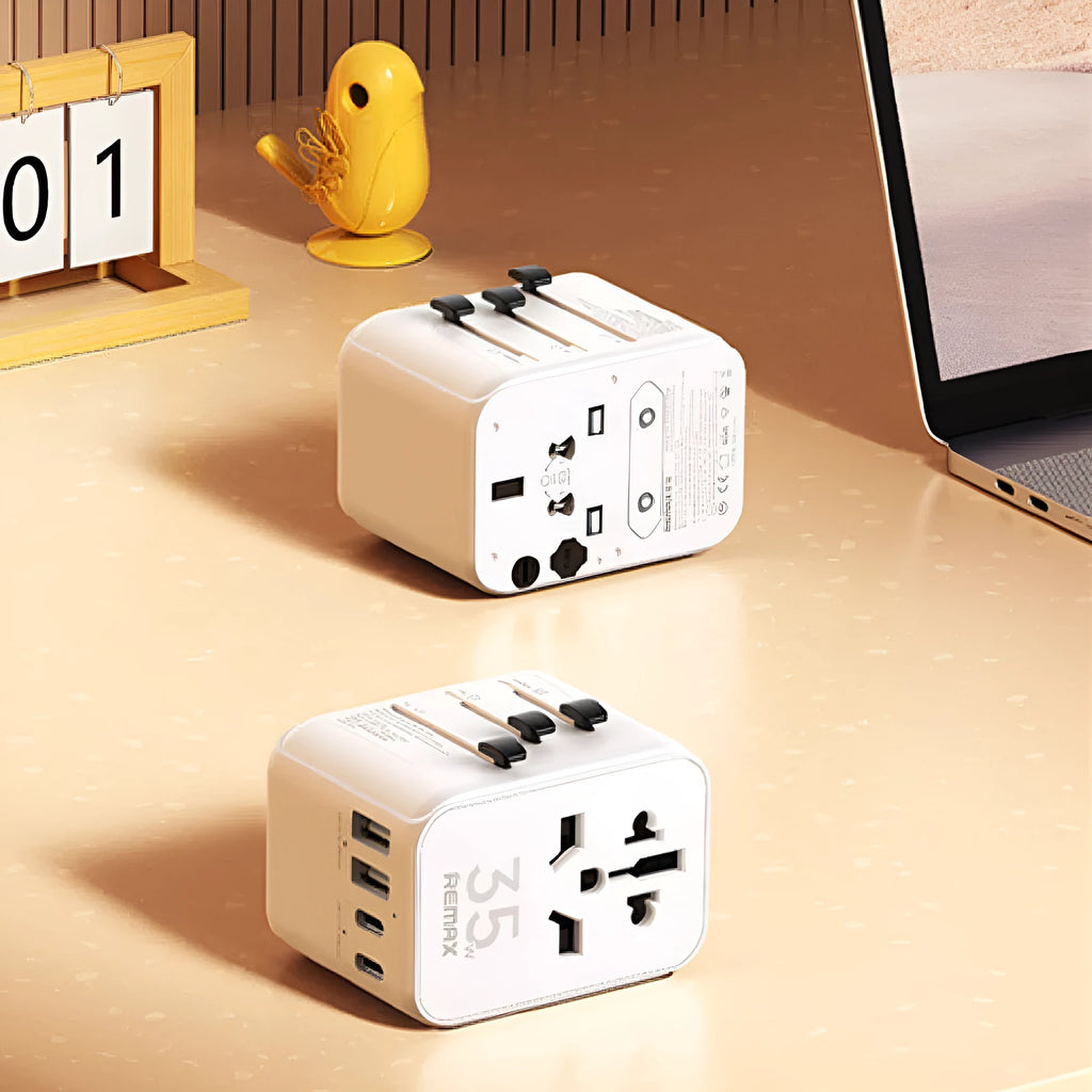 White universal travel charger adapter with Type-C PD, 12W and 35W models for US UK EU sockets