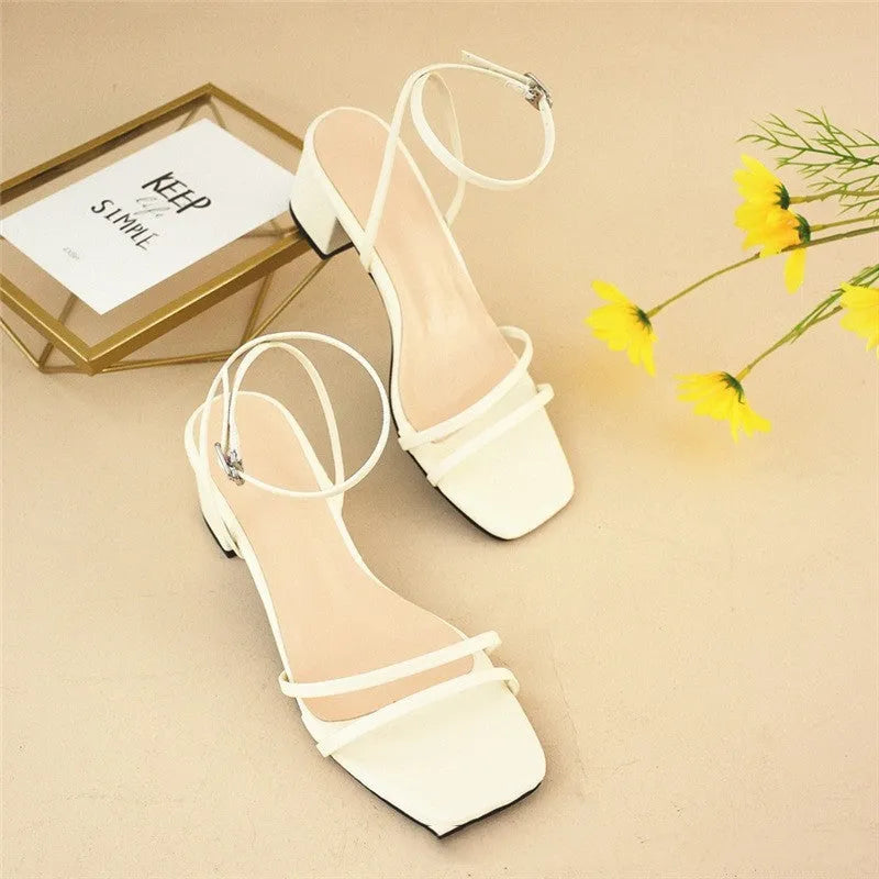 Beige women's sandals with a chunky stiletto heel, square toe, and adjustable ankle buckle on a white background.