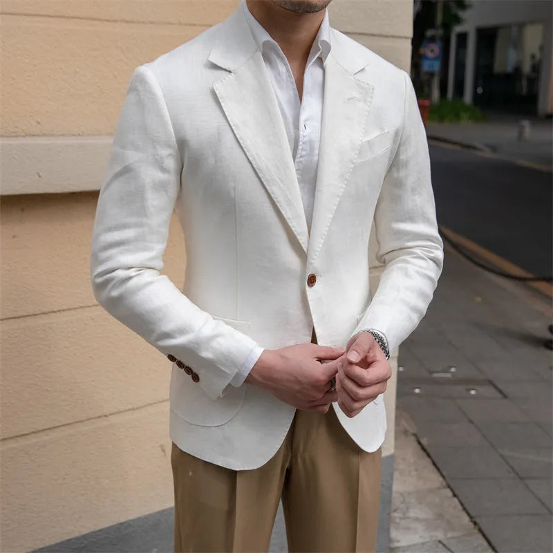 Pure linen men's slim fit double-breasted suit jacket in white or wine red, long sleeve, sizes M to 3XL