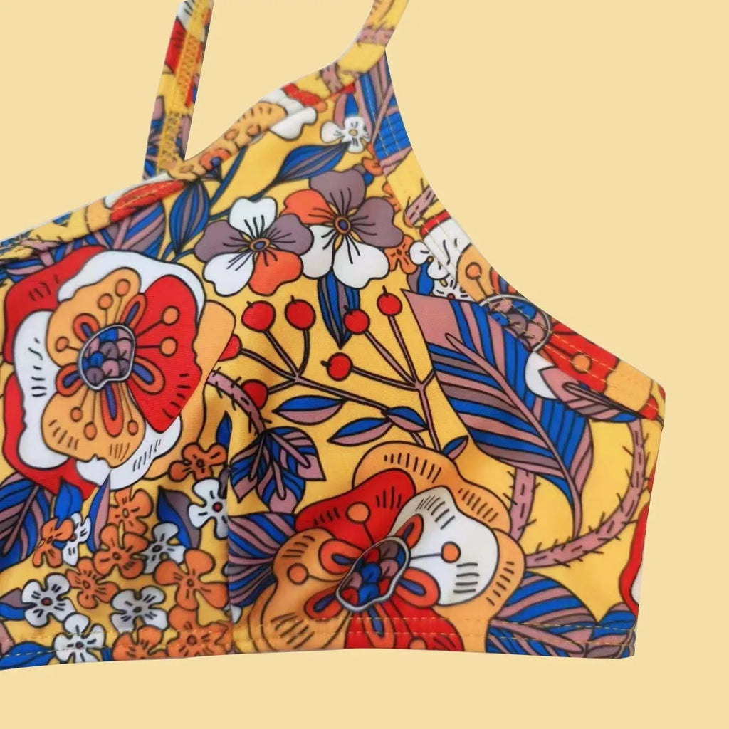 Plus size women's floral print strap bikini swimsuit set with bra and briefs