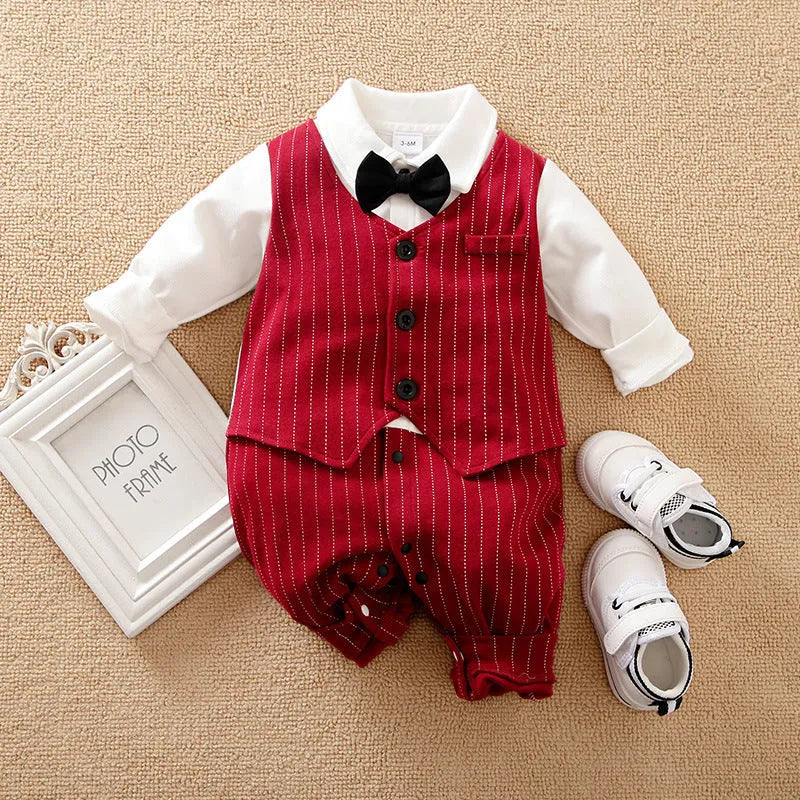 Wine red cotton baby boy romper suit with long sleeves and single-breasted closure.
