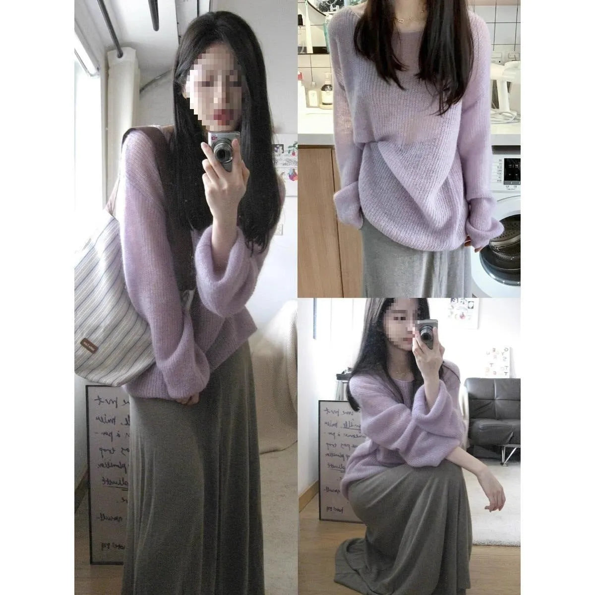 Purple women's blouse with hollow out design and princess sleeves made from ice silk fabric
