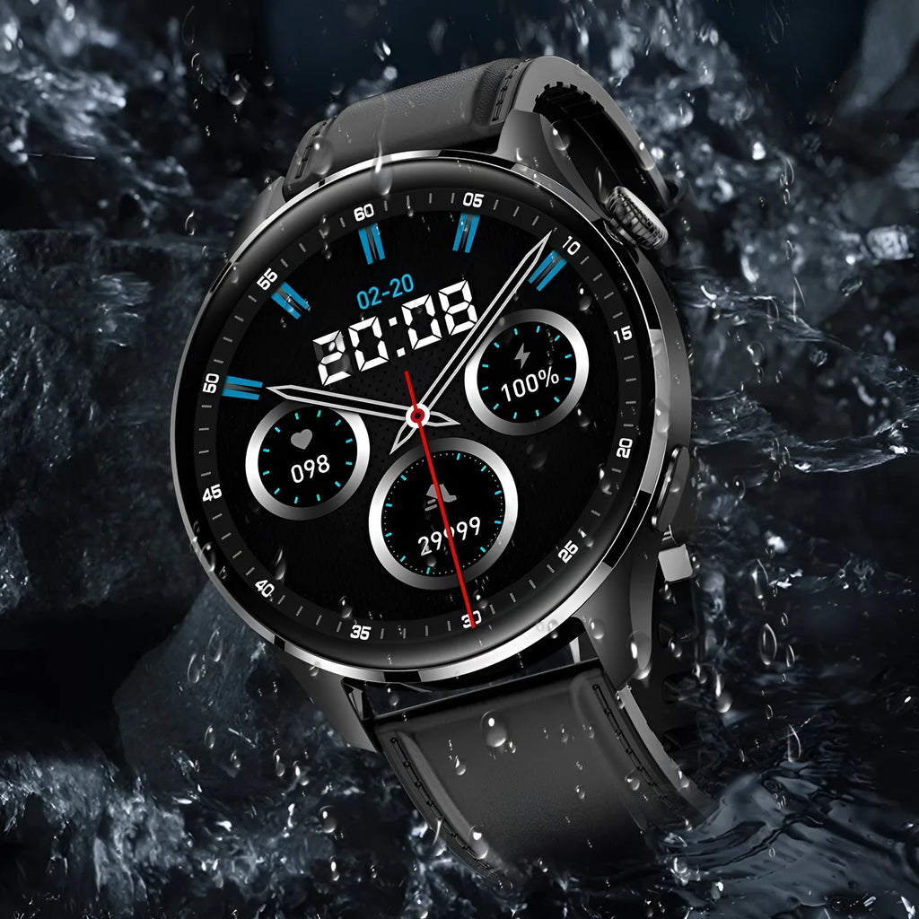 Black smart watch with circular colour screen on a silicone strap, showing call interface