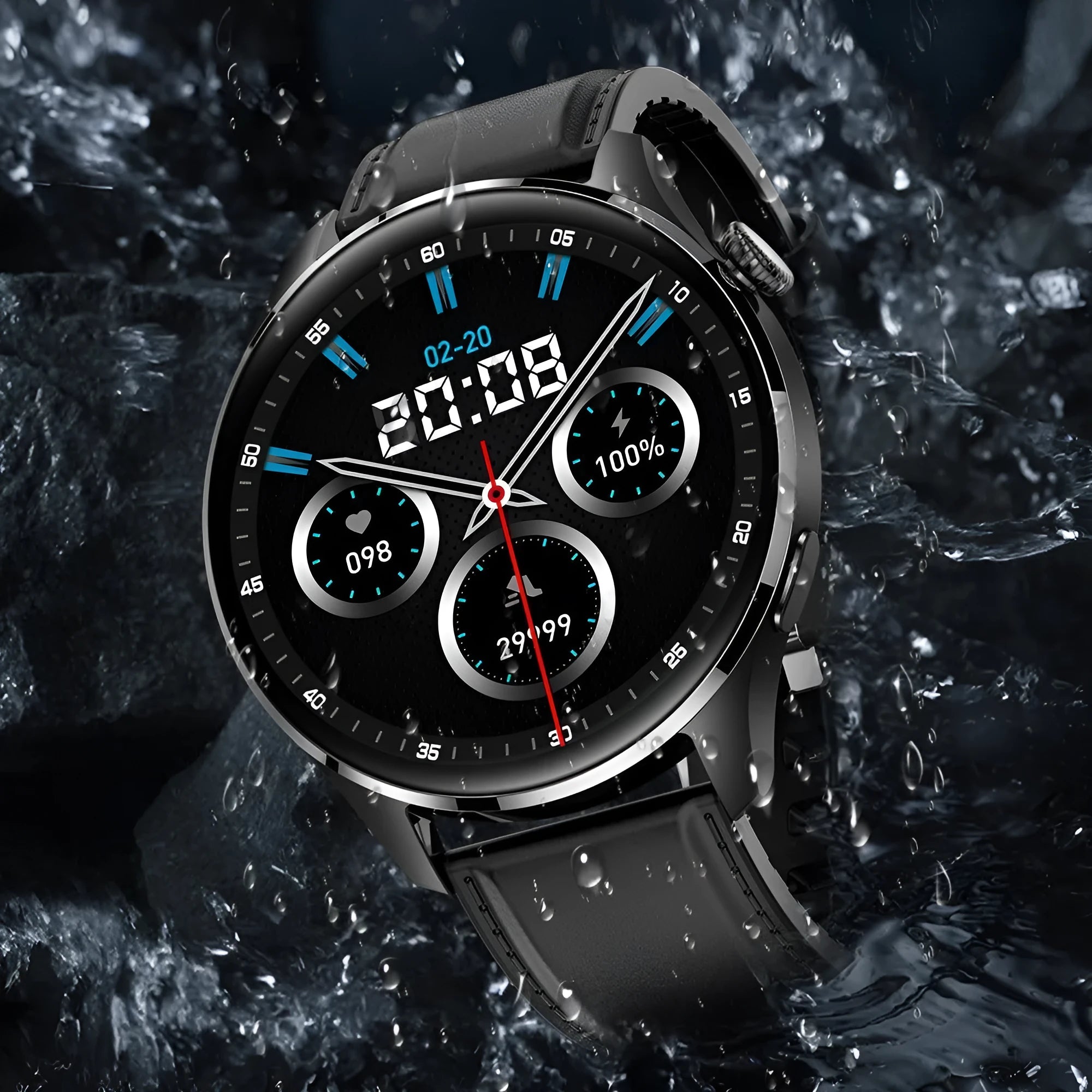 Black smart watch with circular colour screen on a silicone strap, showing call interface