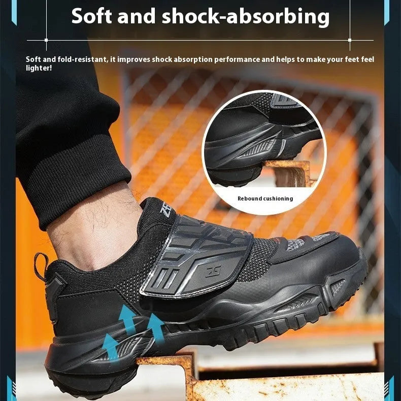 Black safety work shoe with steel toe cap, felt buckle, and anti-puncture sole for industrial use.