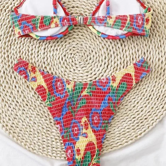 Red floral print women's underwire triangle bikini top and briefs set