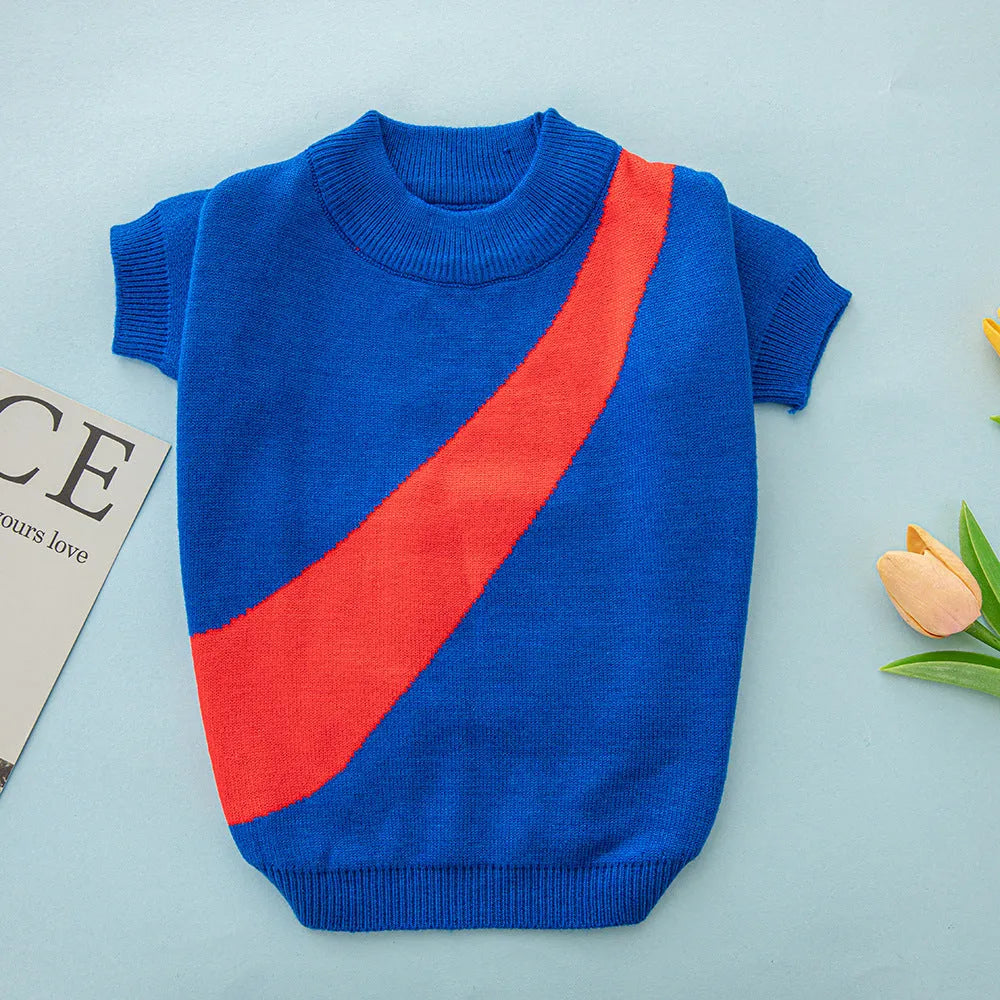 A casual style wool sweater for dogs, shown in one of six available colours including sapphire blue, on a mannequin.