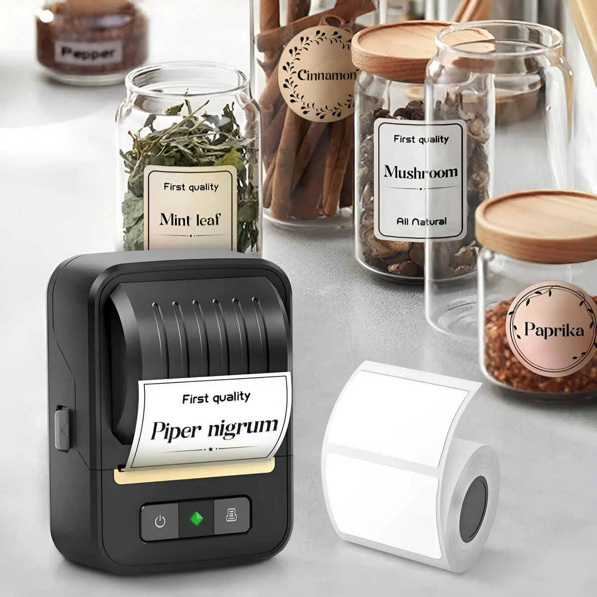 Black Bluetooth thermal label printer with 203DPI, 2000mAh battery, and 1 roll of 40x30mm labels