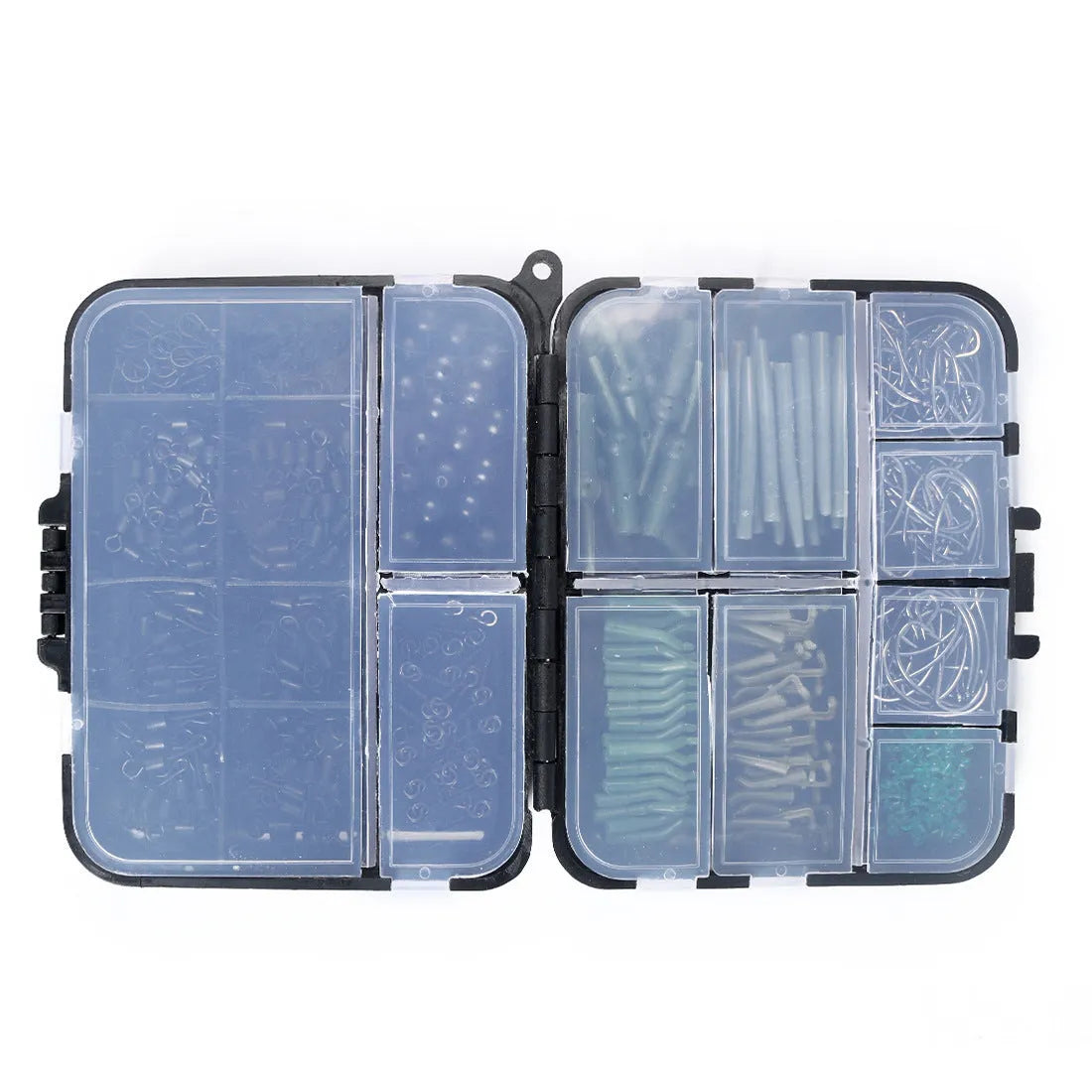 420-piece space beam fishing accessories set in a 12cm x 9.5cm x 3cm box with hooks, swivels, pins, and hoses