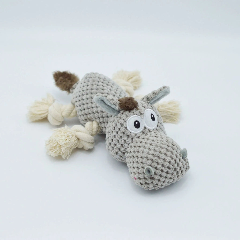 Grey donkey-shaped plush dog toy with cloth velvet texture and creak sound mechanism