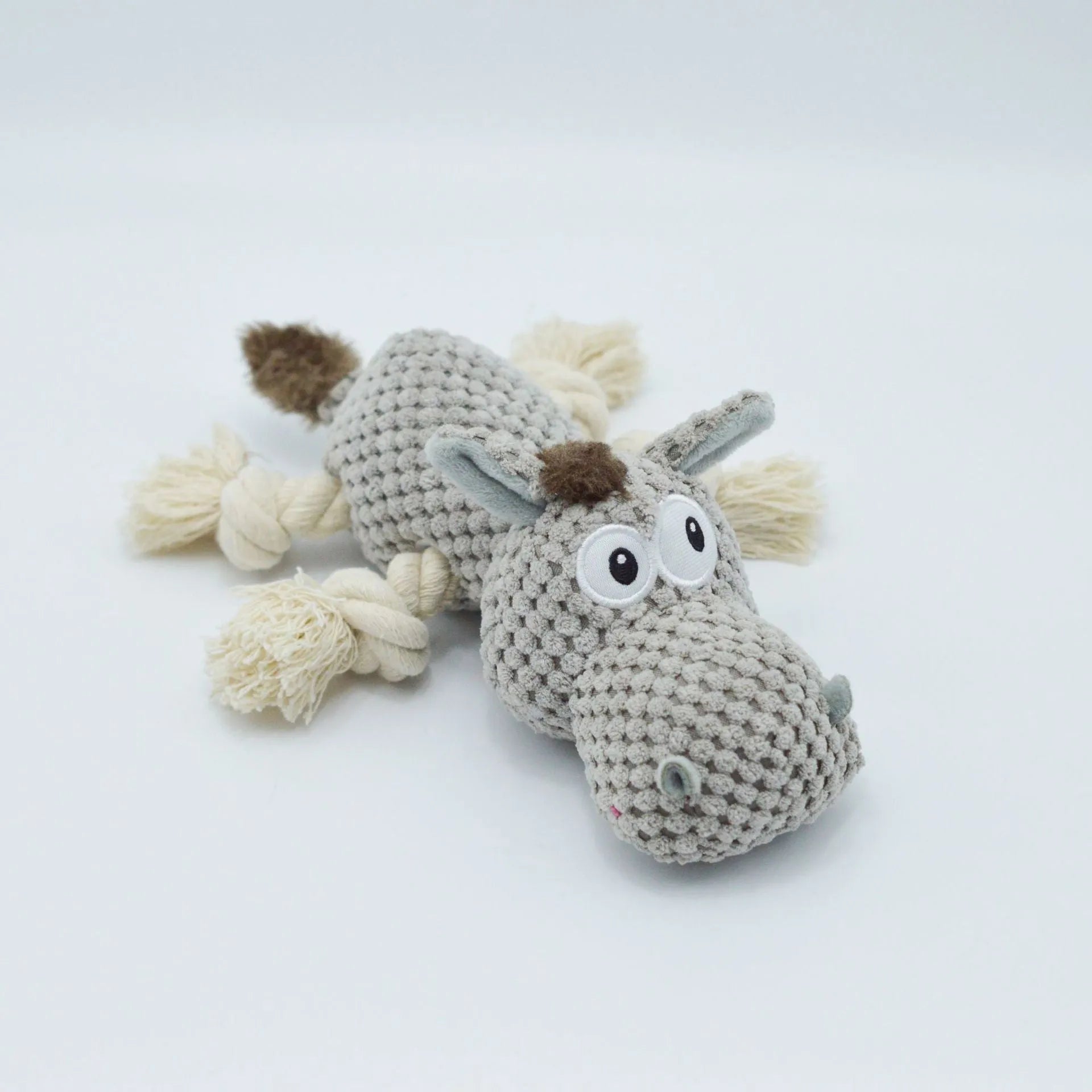Grey donkey-shaped plush dog toy with cloth velvet texture and creak sound mechanism
