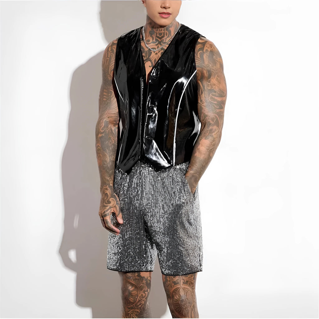 Men's silver sequins straight shorts with elastic waistband on cotton blend fabric