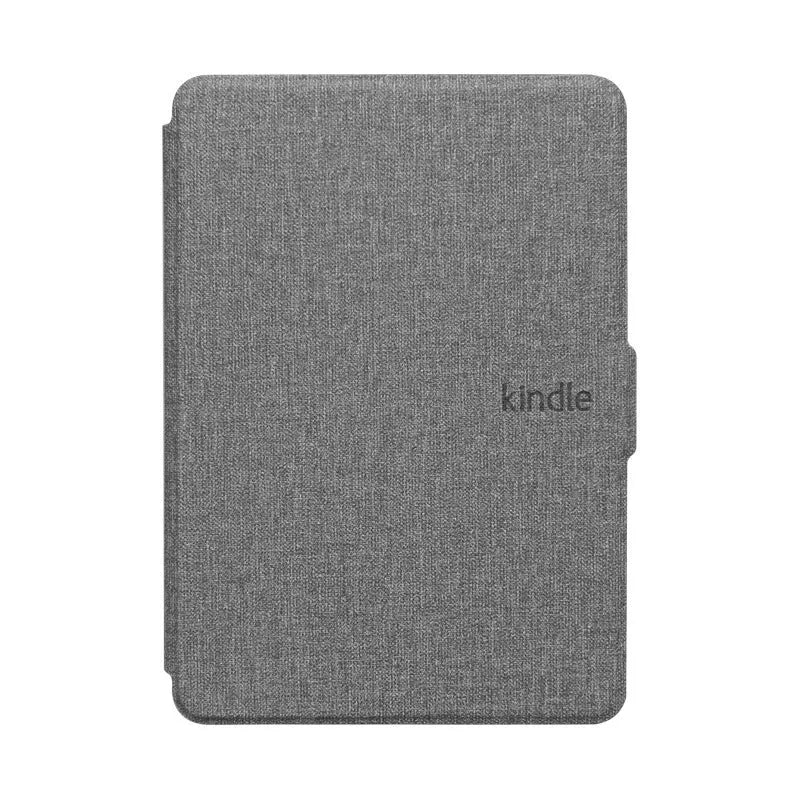 Linen-textured leather hard case for Kindle Paperwhite e-reader with magnetic closure, shown in purple colour.