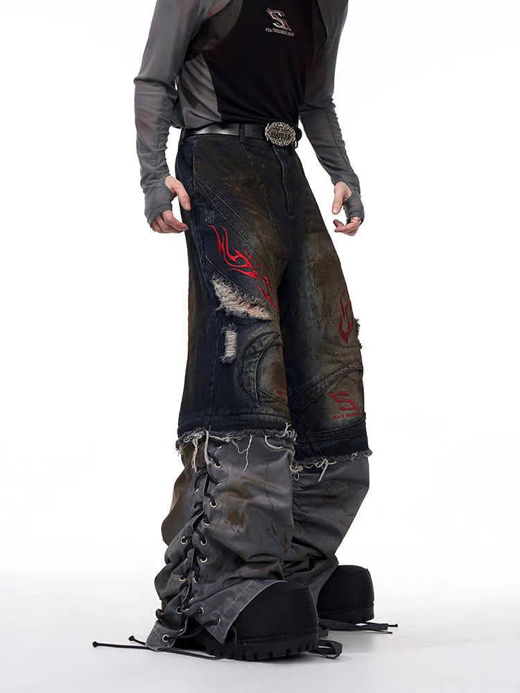 Men's retro jeans with detachable trouser legs in wide-leg loose-fit design