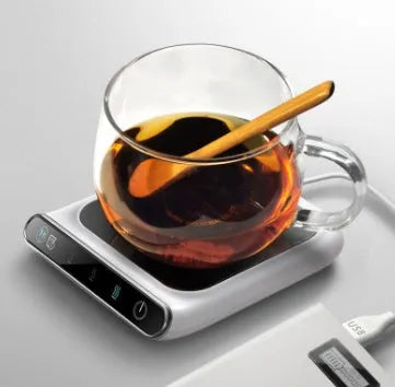 Black USB cup warmer with three temperature settings measuring 118x132mm