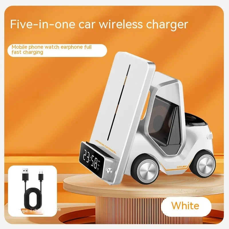 Grey 15W wireless charging bracket holding a phone and two other devices on a desk.