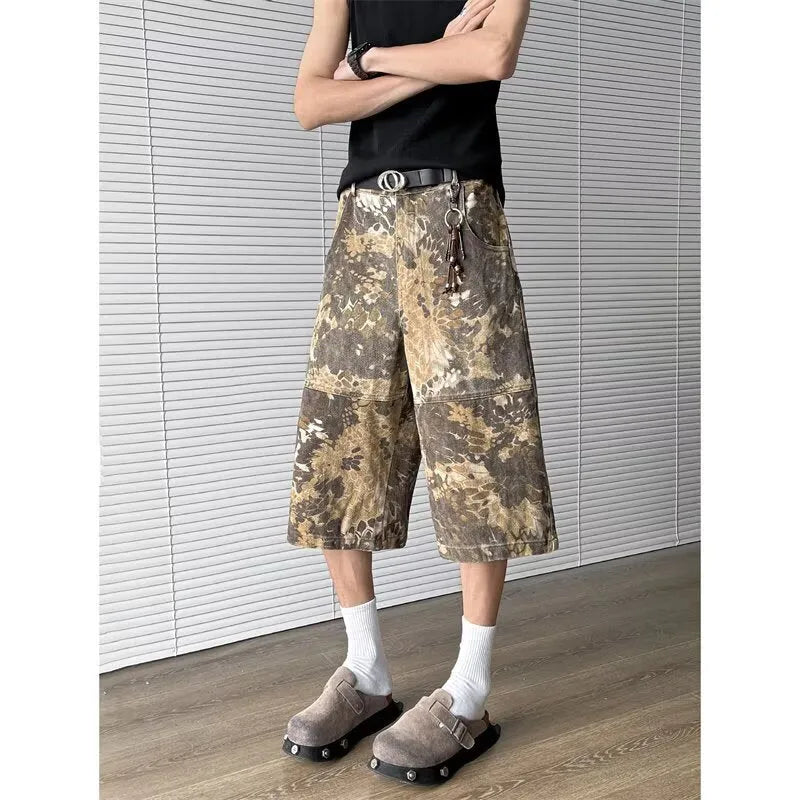 Yellow snake camouflage pattern cropped jeans in cotton denim fabric