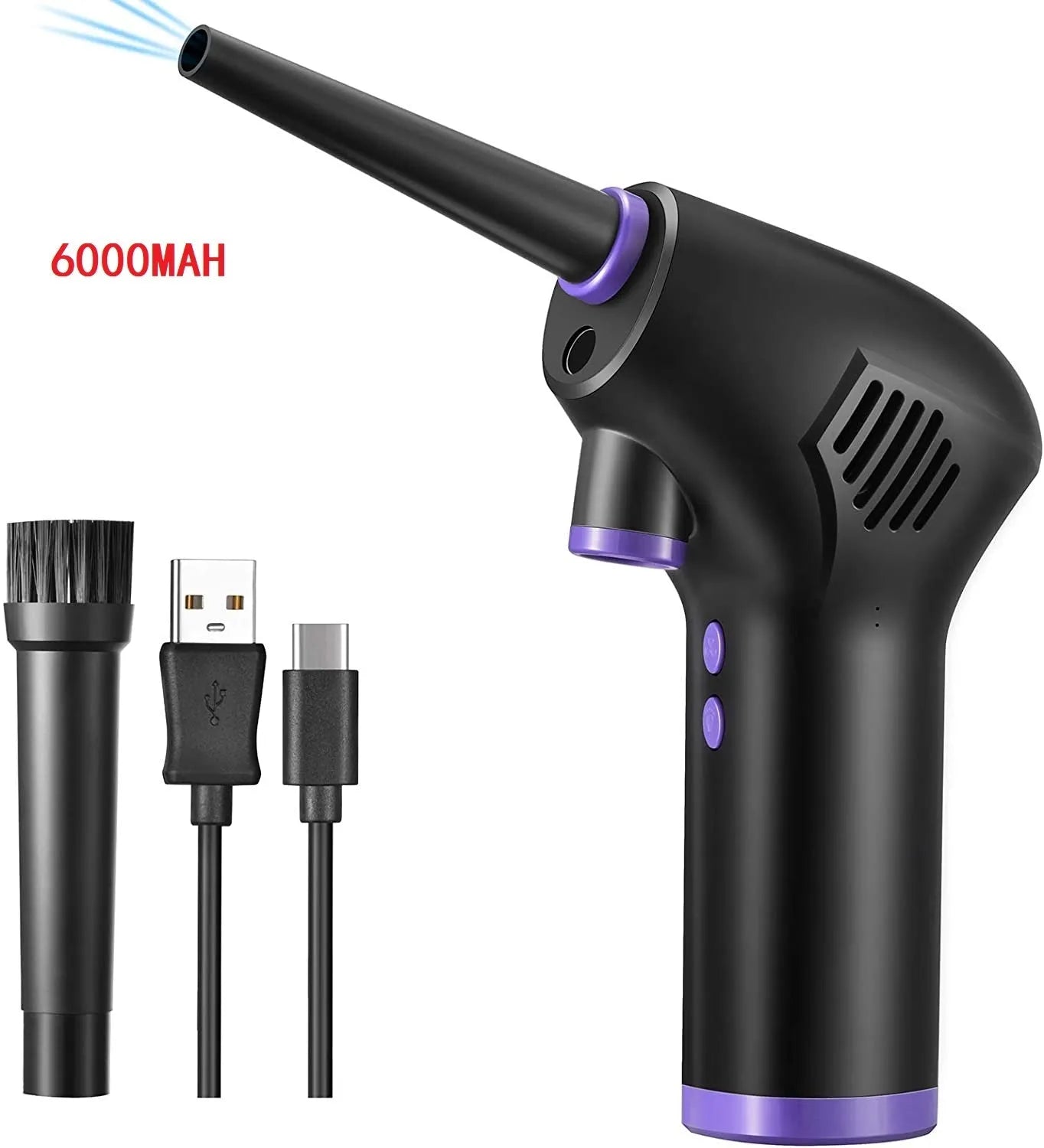 Black cordless air duster with withdrawable nozzle, warm light, for cleaning computer keyboard and camera
